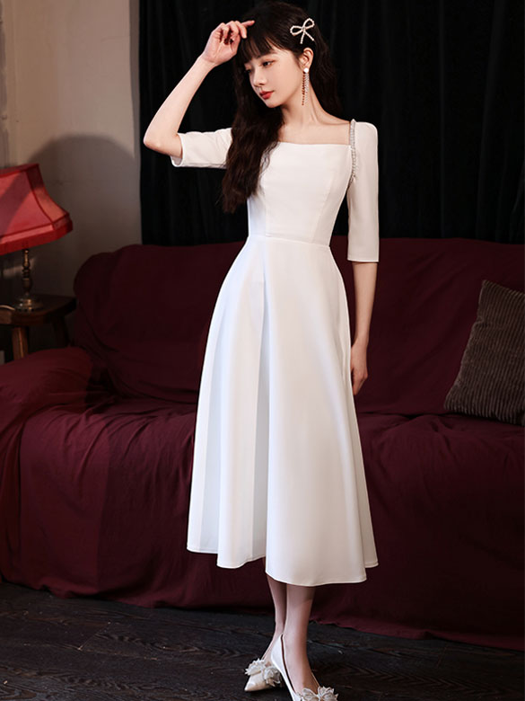 Square Neck A-Line Midi Evening Party Dress