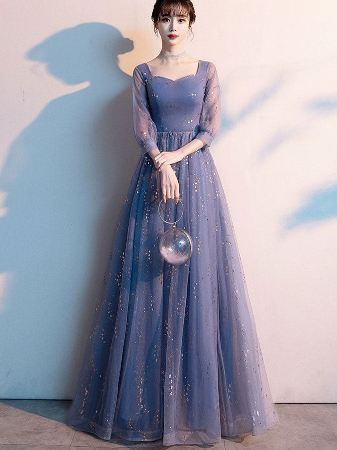 Blue Shimmer A-Line Tulle Evening Party Dress