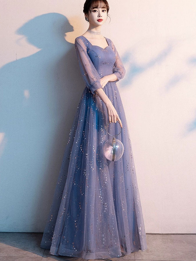 Blue Shimmer A-Line Tulle Evening Party Dress