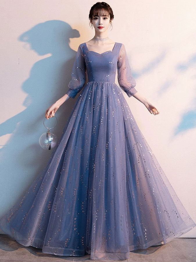Blue Shimmer A-Line Tulle Evening Party Dress