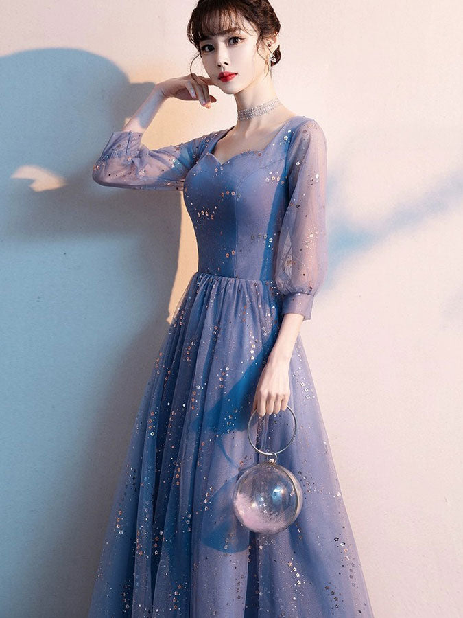 Blue Shimmer A-Line Tulle Evening Party Dress