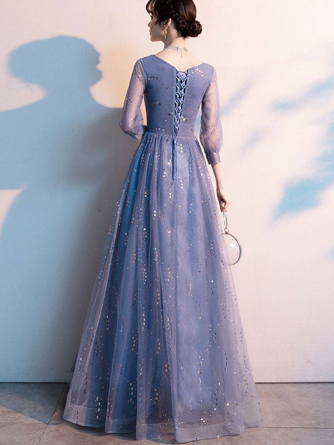 Blue Shimmer A-Line Tulle Evening Party Dress