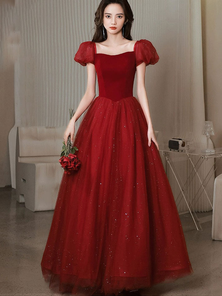 Red Shimmer Bow Back A-Line Tulle Wedding Party Dress