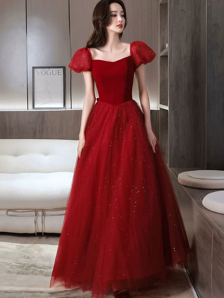 Red Shimmer Bow Back A-Line Tulle Wedding Party Dress
