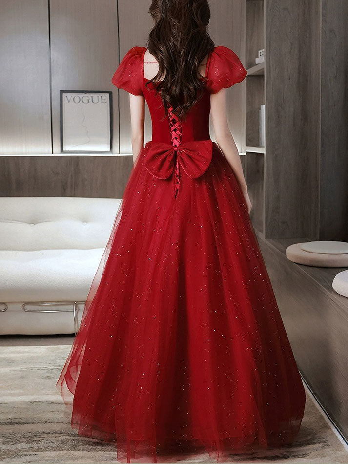 Red Shimmer Bow Back A-Line Tulle Wedding Party Dress