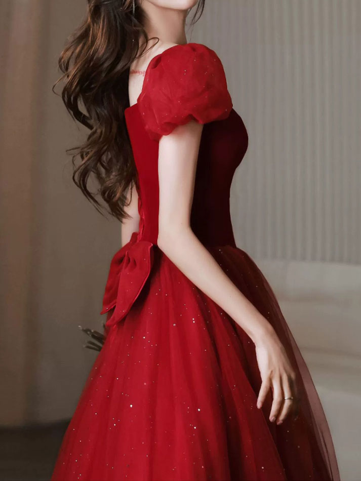 Red Shimmer Bow Back A-Line Tulle Wedding Party Dress