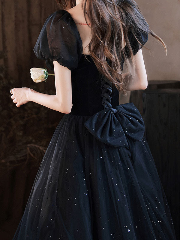 Red Black Shimmer Bow A-Line Tulle Wedding Party Dress