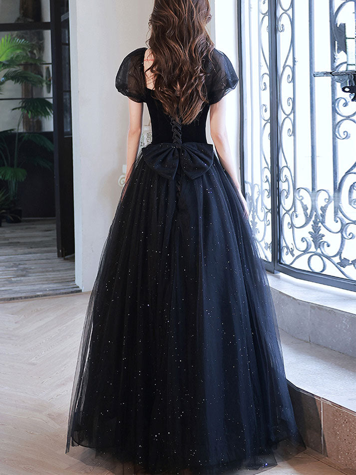 Red Black Shimmer Bow A-Line Tulle Wedding Party Dress