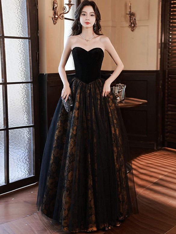 Strapless Sweetheart Bow A-Line Floral Evening Party Gown