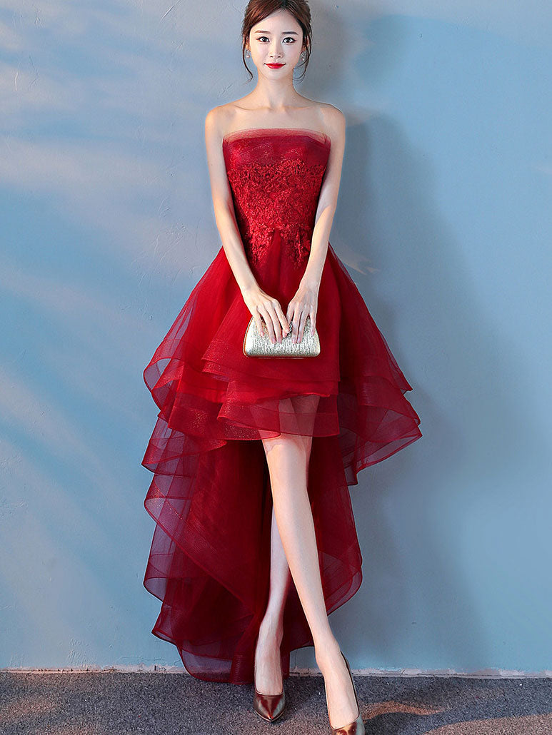 strapless open back dress Black Burgundy Strapless High Low Tulle Party Prom Dress