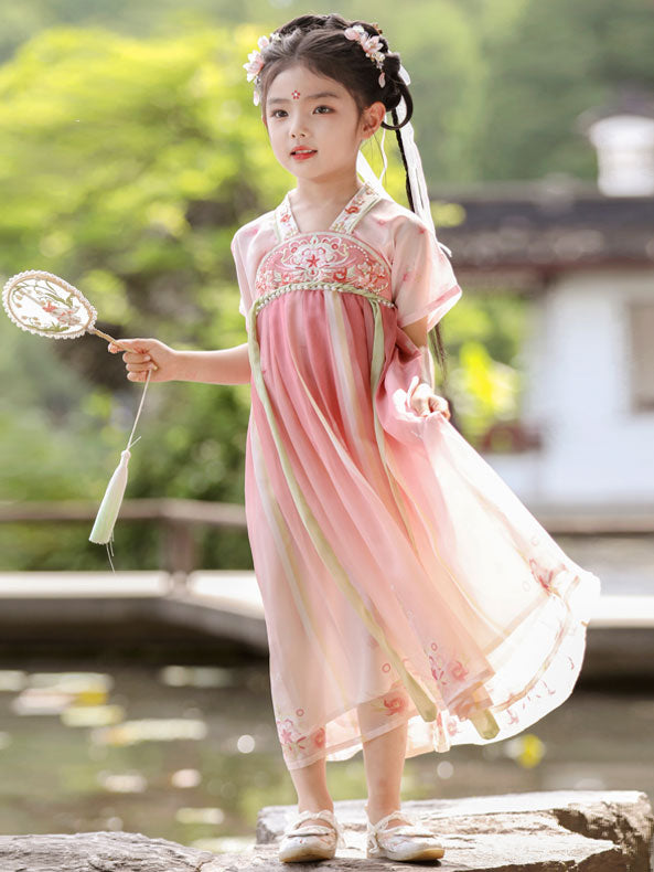 Pink Cherry Blossoms Kids Girls Ancient Hanfu 汉服 Costume Dress 150 / Short Sleeve