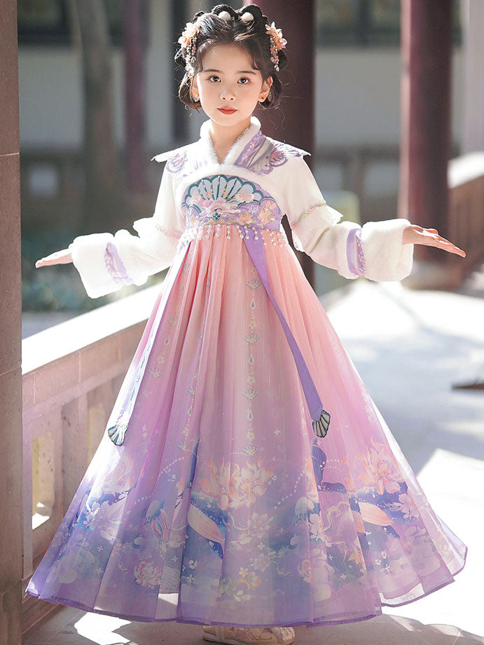 Purple Fleeced Kids Girls Chinese Winter Hanfu 汉服 Costume Dress 150