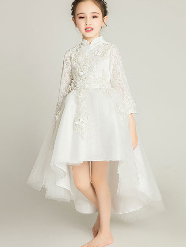 Red White Flower Girls High Low Wedding Birthday Cheongsam Dress