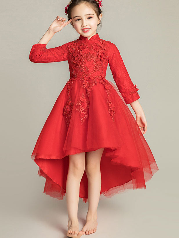 Red White Flower Girls High Low Wedding Birthday Cheongsam Dress