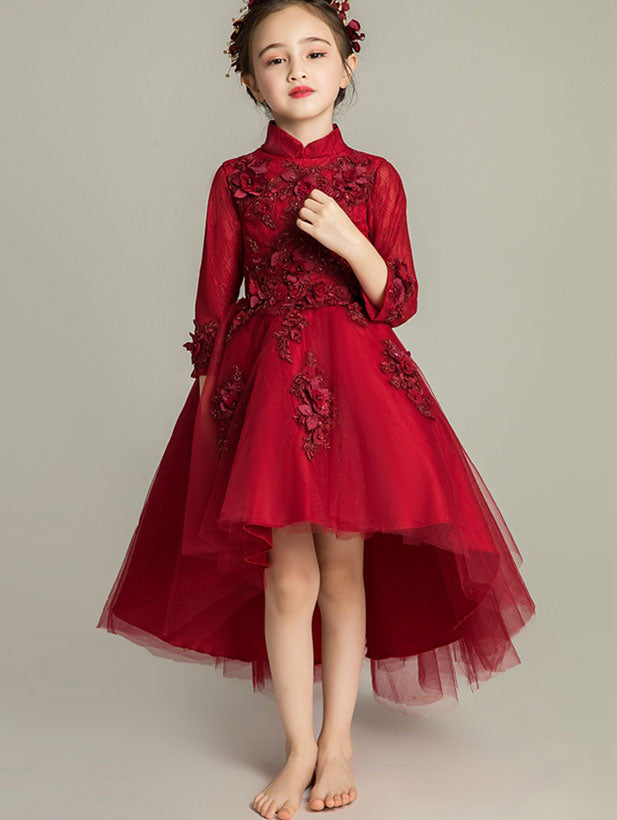 Red White Flower Girls High Low Wedding Birthday Cheongsam Dress