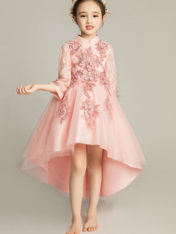 Red White Flower Girls High Low Wedding Birthday Cheongsam Dress