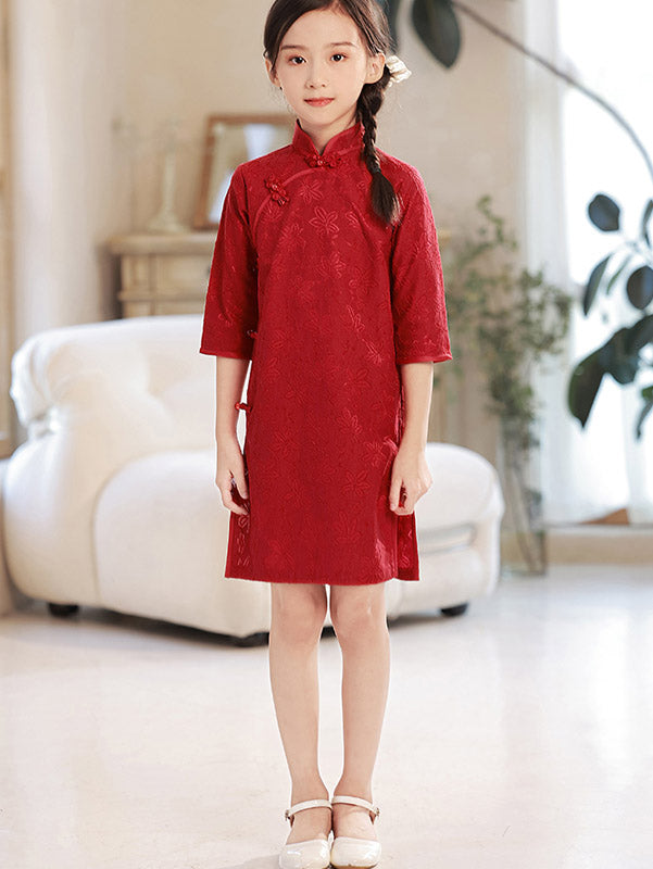 Red Floral Mom Daughter Matching Qipao Cheongsam Dress Kid 140
