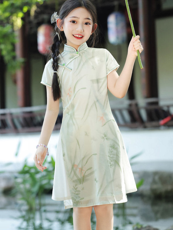 Green Floral Chiffon Kids Girls Qipao Cheongsam Dress - IMALLURE 130 Green Floral Chiffon Kids Girls Qipao Cheongsam Dress - IMALLURE 130