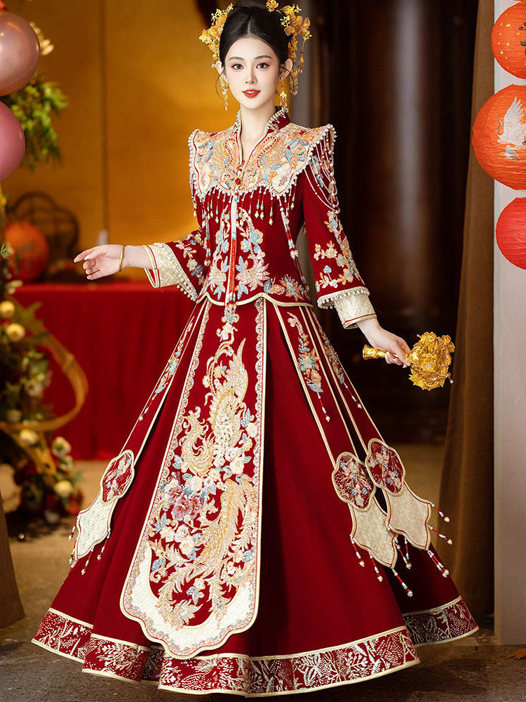 Winter Velvet Beads Phoenix Wedding Bridal Qun Gua Outfits Bride / 4XL