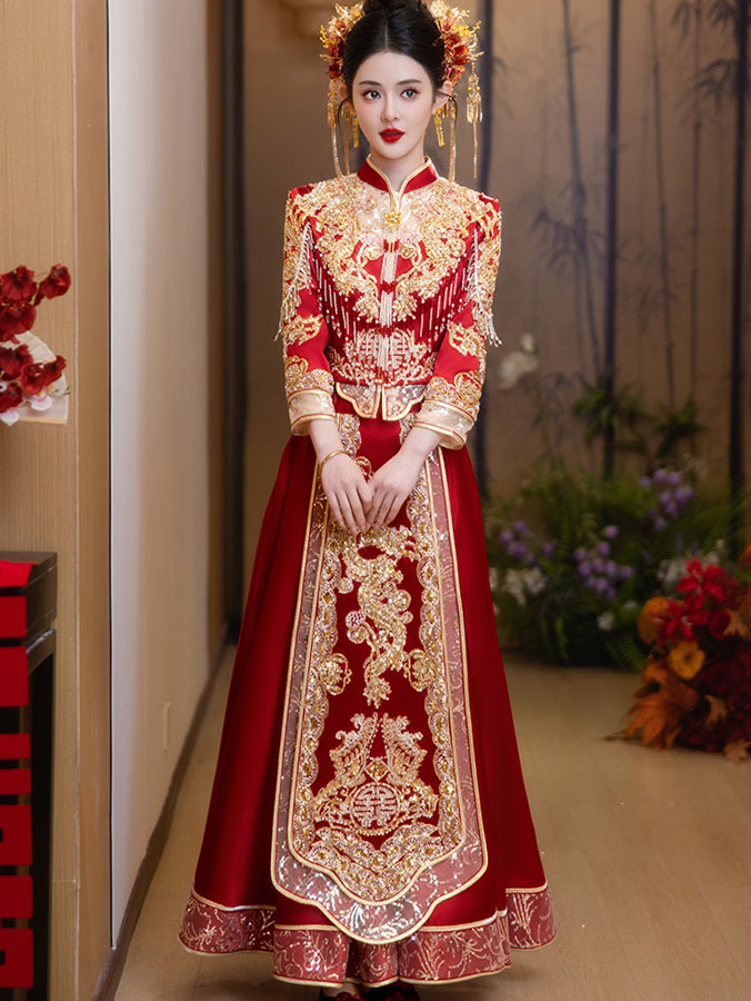 2025 Red Sequins Dragon Wedding Bride Qun Kwa Xiuhe - IMALLURE 3XL 2025 Red Sequins Dragon Wedding Bride Qun Kwa Xiuhe - IMALLURE 3XL