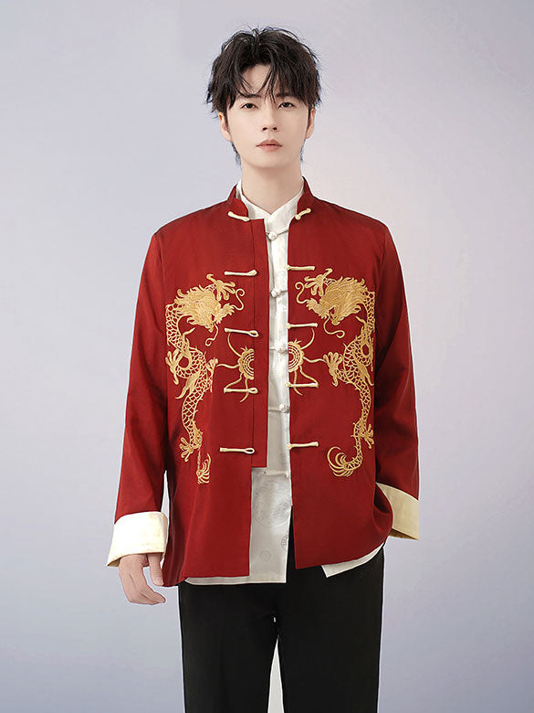 Embroidered Dragon Chinese Man Tang Suit Uniform Kungfu Jacket S / Red Embroidered Dragon Chinese Man Tang Suit Uniform Kungfu Jacket S / Red