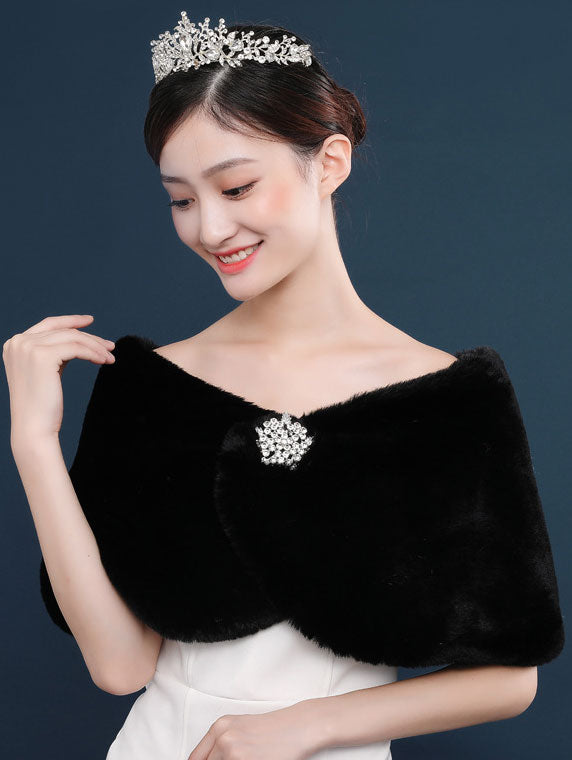 Artificial Fur Brooch Evening Party Wedding Bride Wrap Shawl