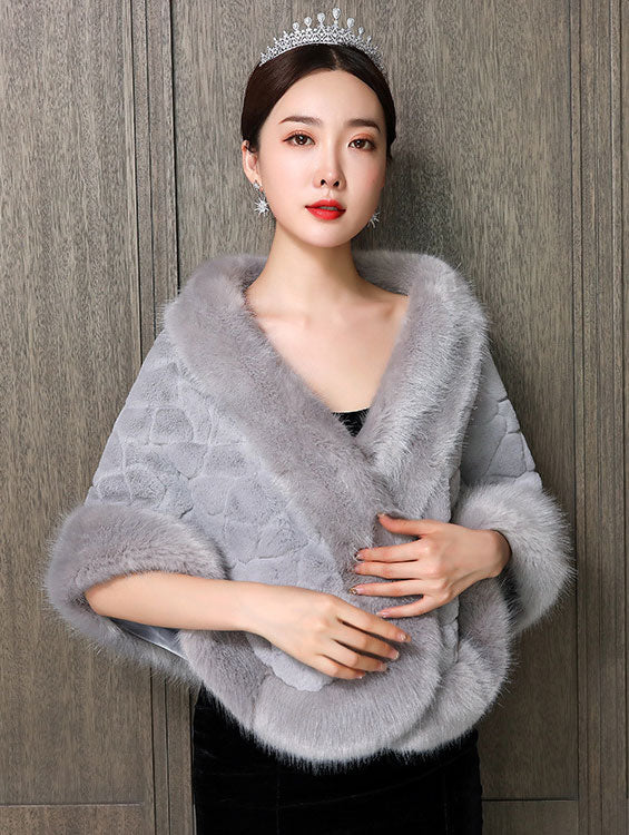 Gray Faux Fur Stripe Brooch Mothers Evening Party Wrap Shawl
