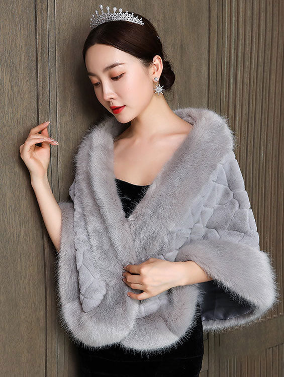 Gray White Faux Fur Evening Party Wrap Shawl