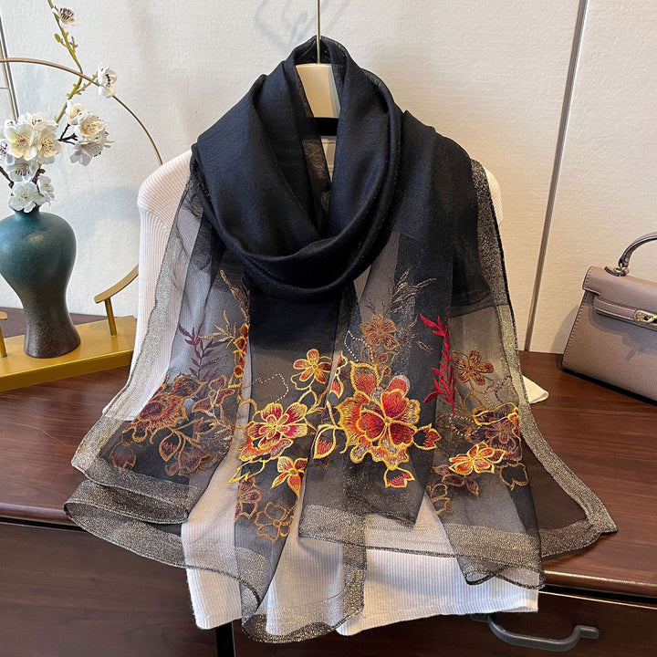 Embroidered Floral Mulberry Silk Women Lightweight Scarf Shawl