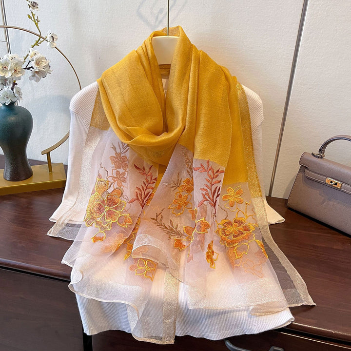 Embroidered Floral Mulberry Silk Women Lightweight Scarf Shawl