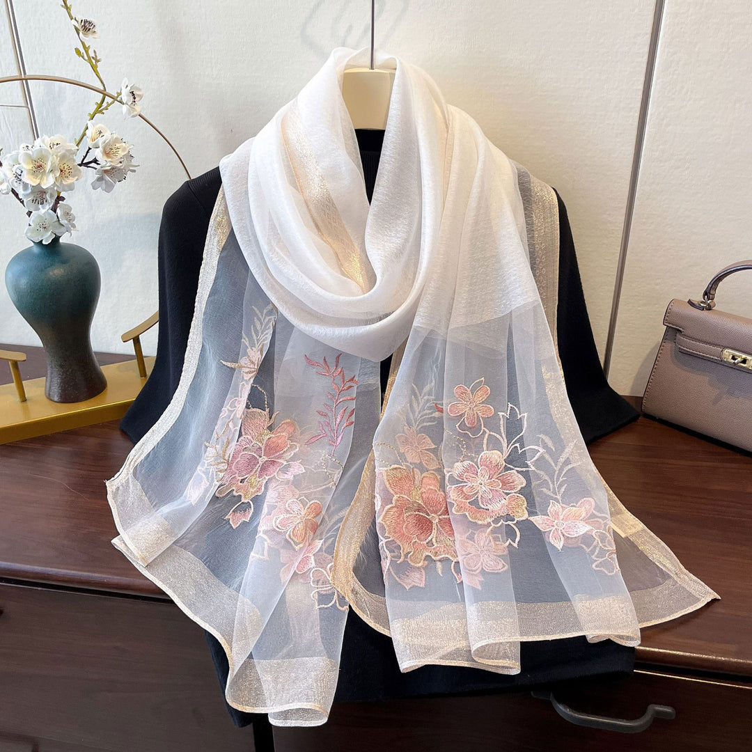 Embroidered Floral Mulberry Silk Women Lightweight Scarf Shawl