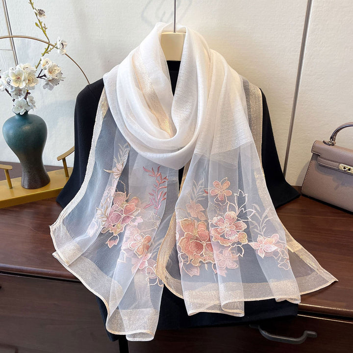 Embroidered Floral Mulberry Silk Women Lightweight Scarf Shawl