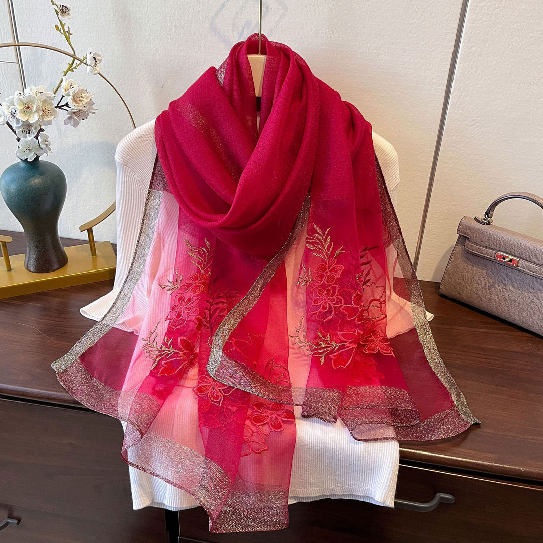 Embroidered Floral Mulberry Silk Women Lightweight Scarf Shawl