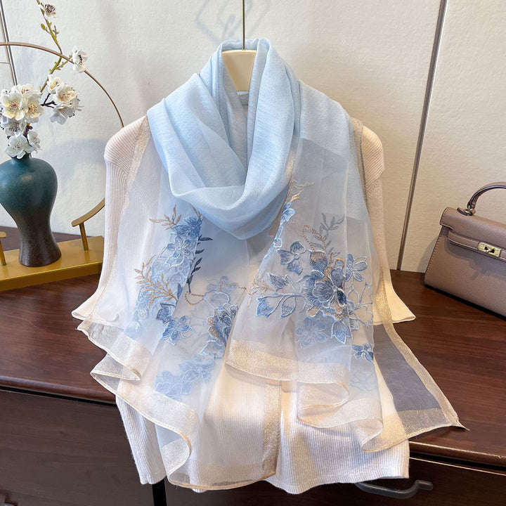 Embroidered Floral Mulberry Silk Women Lightweight Scarf Shawl
