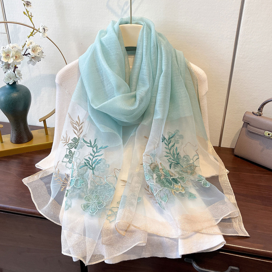 Embroidered Floral Mulberry Silk Women Lightweight Scarf Shawl