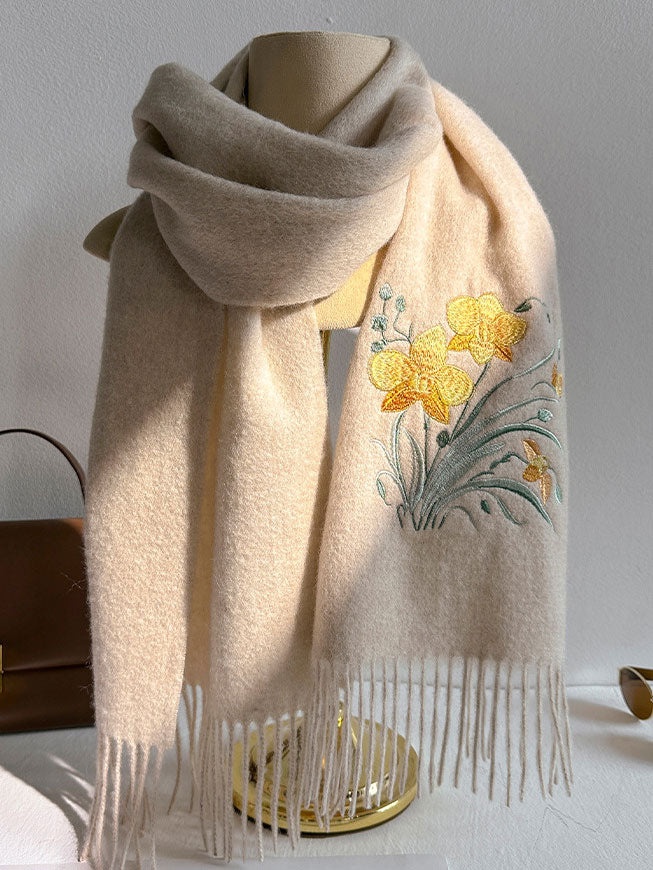 Embroidered Floral Cashmere Wool Scarf Shawl