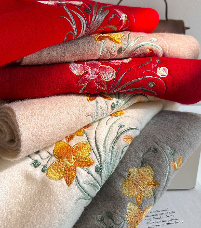 Embroidered Floral Cashmere Wool Scarf Shawl