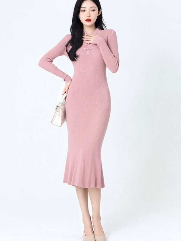 Pink Beige Winter High Neck Knit Sweater Midi Dress