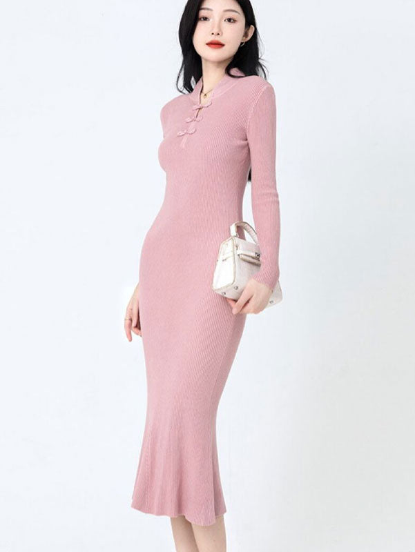 Pink Beige Winter High Neck Knit Sweater Midi Dress