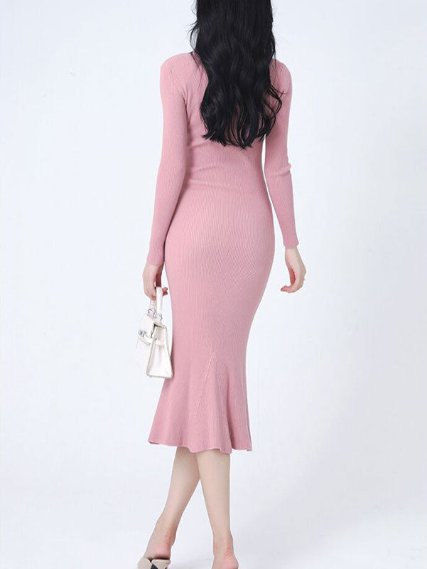 Pink Beige Winter High Neck Knit Sweater Midi Dress
