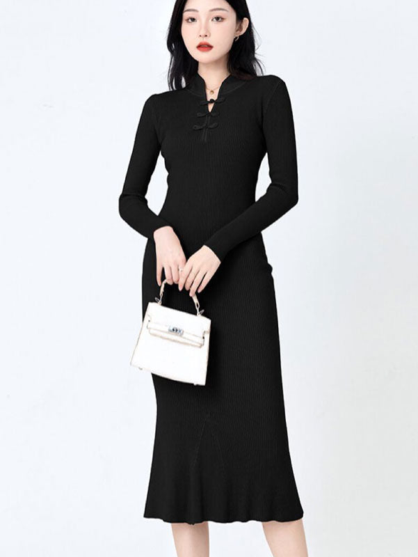 Pink Beige Winter High Neck Knit Sweater Midi Dress