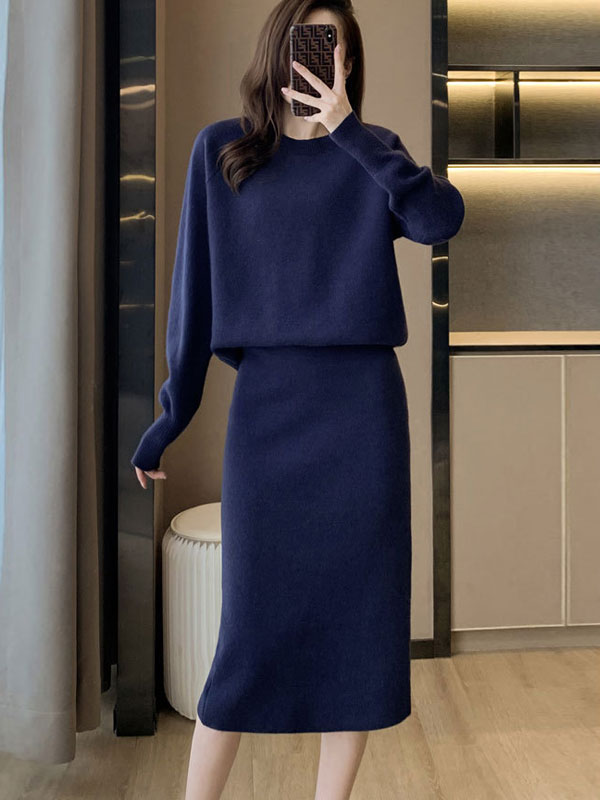 Blue Beige Knit Sweater & Midi Skirt Set - IMALLURE S / Blue Blue Beige Knit Sweater & Midi Skirt Set - IMALLURE S / Blue