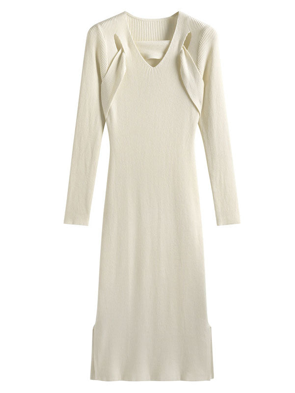 Green Red Winter Slit Knit Sweater Midi Dress