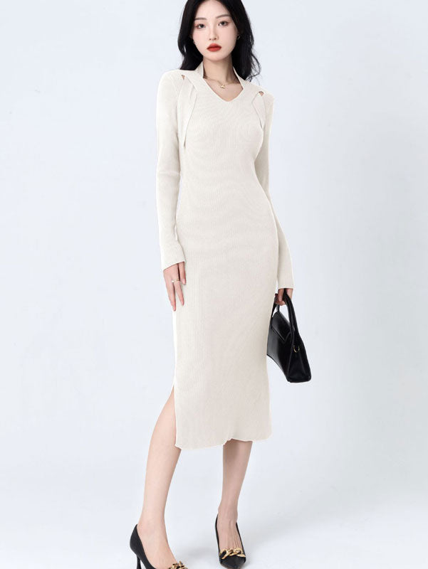 Green Red Winter Slit Knit Sweater Midi Dress