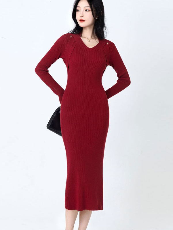 Green Red Winter Slit Knit Sweater Midi Dress