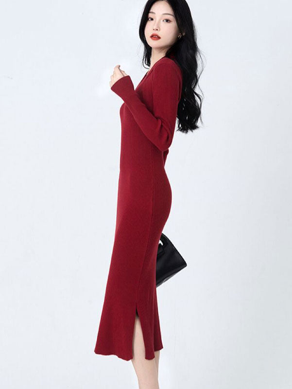 Green Red Winter Slit Knit Sweater Midi Dress