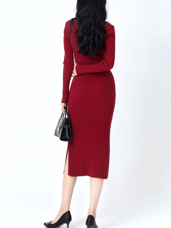 Green Red Winter Slit Knit Sweater Midi Dress