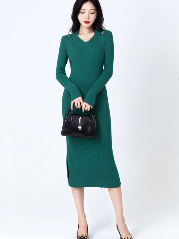 Green Red Winter Slit Knit Sweater Midi Dress