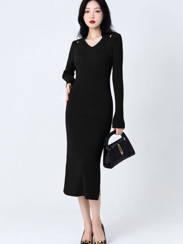 Green Red Winter Slit Knit Sweater Midi Dress