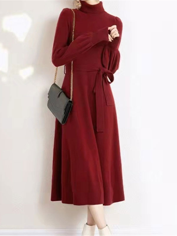 Black Red Winter Knit Sweater Belt A-line Maxi Dress - IMALLURE L / Red Black Red Winter Knit Sweater Belt A-line Maxi Dress - IMALLURE L / Red